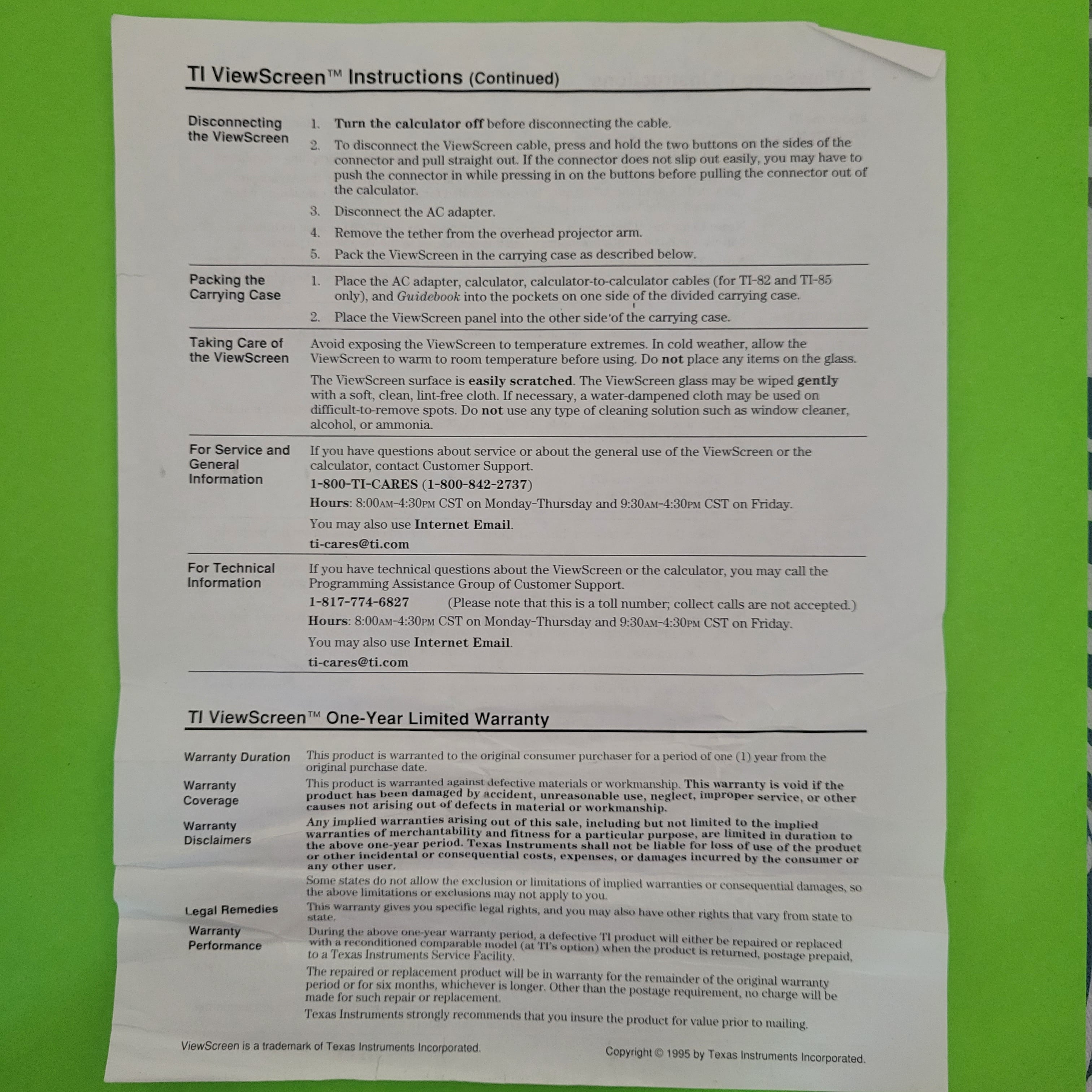 An image of the bag back of the instructions of a texas instruments ti viewscreen
